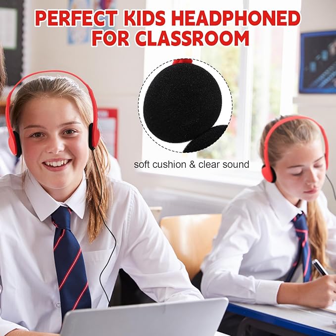 Konohan 30 Pack Kids Headphones Bulk for School Classroom Student Wired Headphones Adjustable with 3.5 mm Jack for Kids Adults(Red)