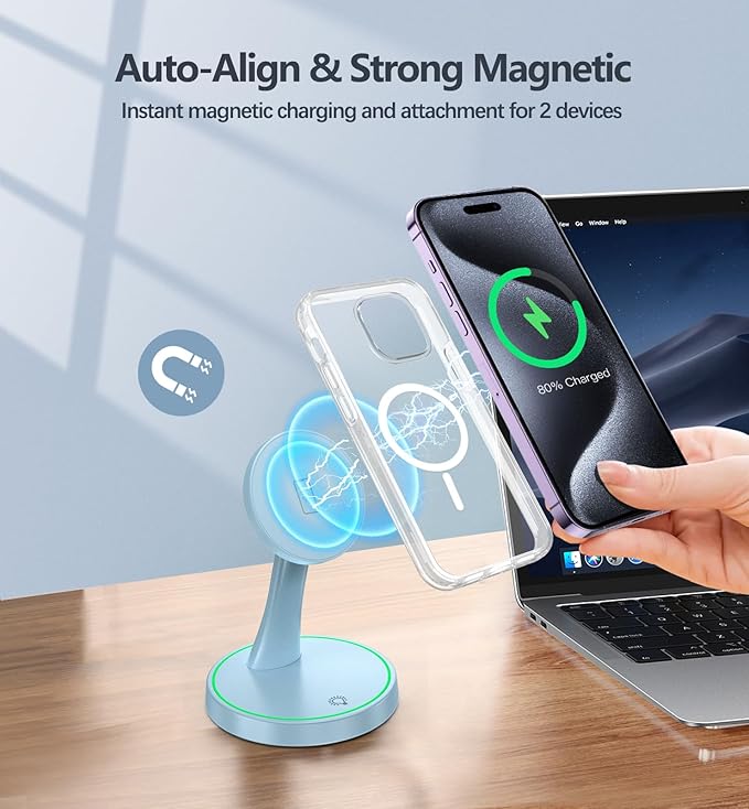 Magnetic Wireless Charger Stand 15W Fast Mag-Safe Charger for iPhone 16/16 Pro/16 Plus/16 Pro Max/15/14/13/12 Series Magnet Wireless Charging Station/Pad with Sleep-Friendly Light for AirPods
