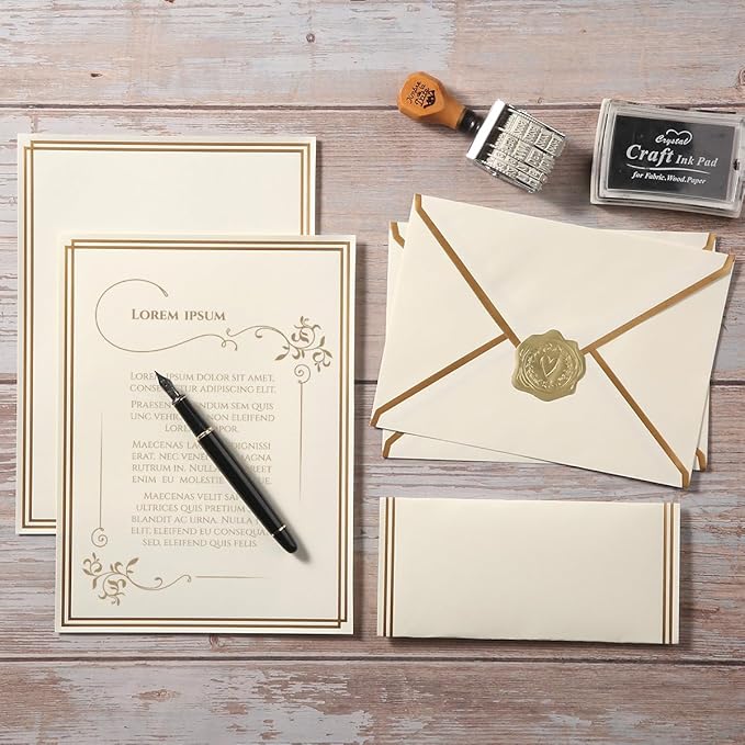 50 Pack Stationery Set with Gold Border, A6 Envelopes and 6x8 Paper Sheets and Stickers for Writing Letters (Cream Color, 6x8 Inches)