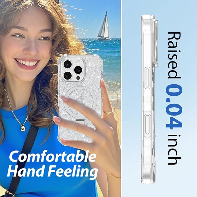 Magnetic for iPhone 16 Pro Case with Invisible Stand, Compatible with MagSafe, Clear Bling Sparkle Shockproof Slim Anti-Slip Military Drop Protection Hard Phone Case 6.1" Glitter Silver