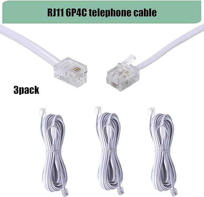3Pack RJ11 Cable Phone Cord for Landline - 6ft Telephone Cord - Male to Male for Landline Phone and Fax - White - 6Feet