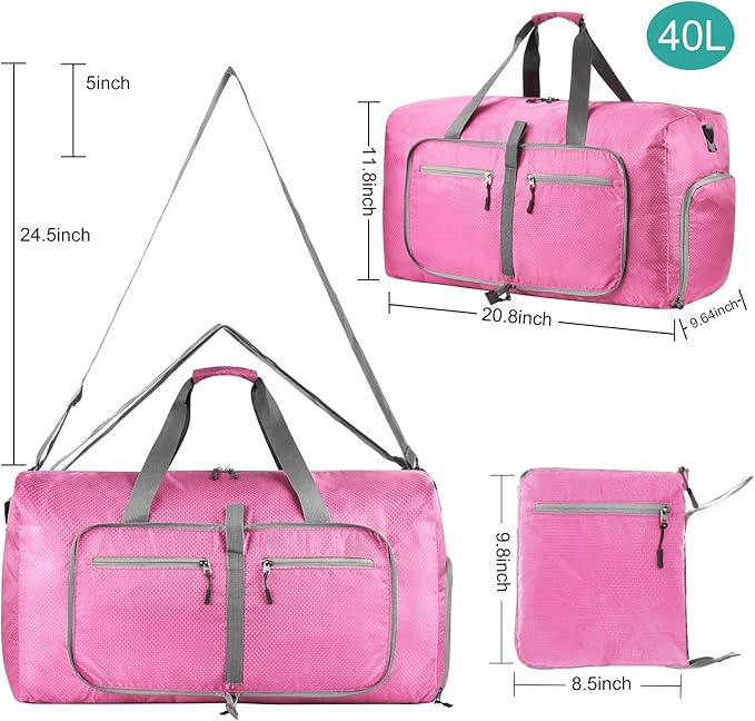 Dimayar Travel Duffle Bag for Men Women - Foldable Duffel Bag with Shoes Compartment - Overnight Bags Waterproof & Tear Resistant(40L,Pink)
