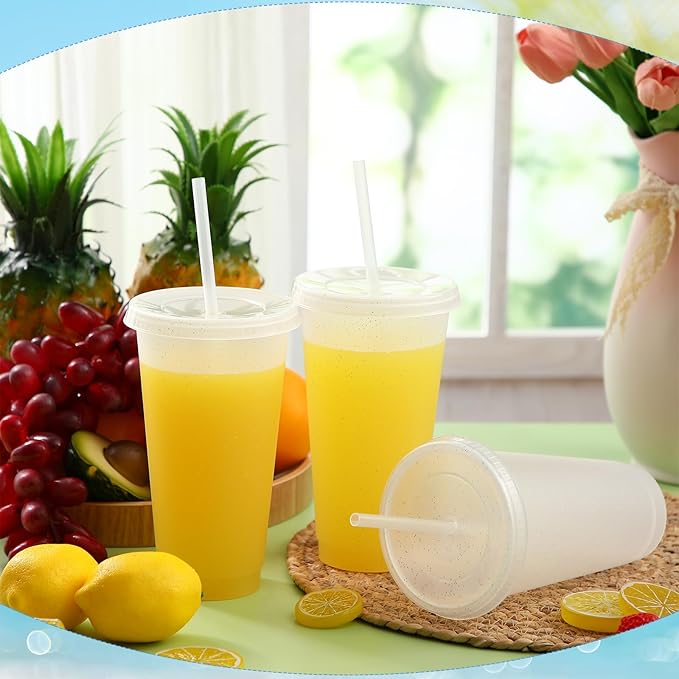 Honeydak 60 Pack Tumbler with Straw and Lid Bulk Glitter Plastic Cups Water Bottle Iced Coffee Travel Mug Reusable Party Favor Cups for Birthdays travel 24-27 oz (Transparent)