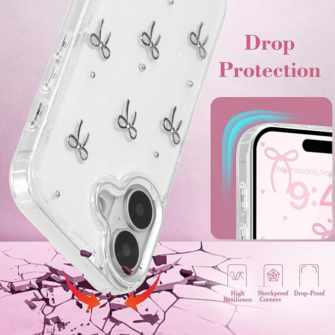 EYZUTAK Case for iPhone 16 Plus, Bling Glitter 3D Bowknot Phone Case Cute Sparkly Crystal Clear Bow Aesthetic Design Case Slim Soft Durable TPU Transparent Protective Cover for Women Girls - Bow