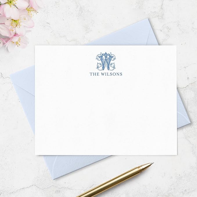 Classic 1 Letter Monogram Note Card and Envelope Stationery Set, Traditional Monogrammed Personalized Stationary in Choice of Set Size and Colors (Monogram with Name Below)