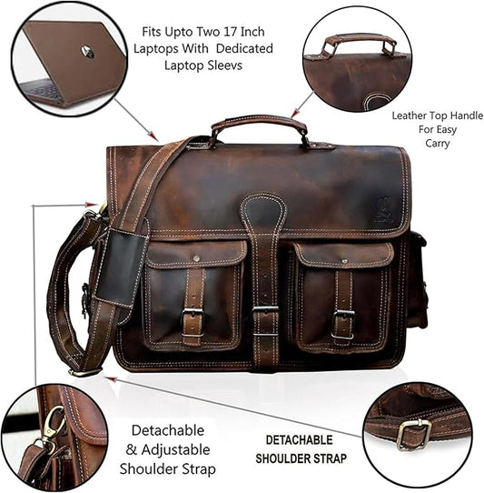 cuero Leather Messenger Bag for Men, 14 Inch Laptop Bag, Crossbody Bag Men, Vintage Handmade Leather Satchel Bag Full Grain Business Briefcase Shoulder Bag for Office/Work/Travel - Brown