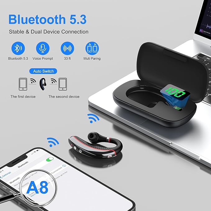 Bluetooth Headset V5.3, Bluetooth Earpiece with 72H Talk Time, Hand-Free Headphones Comfortable Fit, Bluetooth Headphones with Microphone for iOS, Android Devices, for Trucker/Office