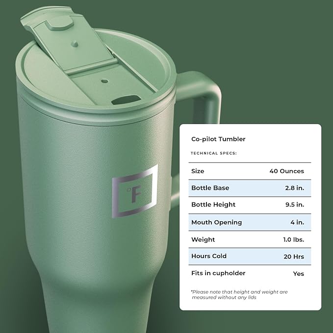 IRON °FLASK Co-Pilot Insulated Mug w/Straw & Flip Cap Lids - Cup Holder Bottle for Hot, Cold Drink - Leak-Proof- Water, Coffee Portable Travel Tumbler - Sage, 40 Oz