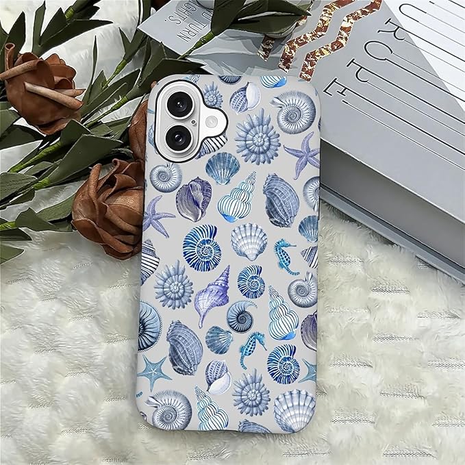 Case for iPhone 16,Summer Beachy Seashell for Woman Men Full Body Protective Cover Shockproof 2 in 1 Silicone + Hard PC Case for iPhone 16