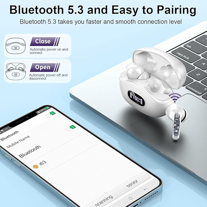 Wireless Earbuds, 2025 Bluetooth Headphones V5.3 HiFi Stereo Ear buds with ENC Noise Cancelling Mics, 40H Bluetooth Earbuds with Dual LED Display, IP7 Waterproof Earphones for Android iOS, White