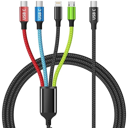 USB C Multi Charging Cable [1Pack 5FT], Dual Type-C Nylon 4 in 1 Charging Cable, Multi Chargers for All Devices with IP/Type C/Micro Port, Compatible with Most Cell Phones/Tablets and More