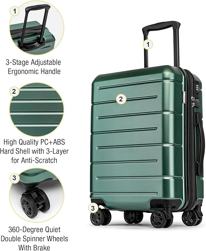 KYME Green Carry On Luggage 22x14x9 Airline Approved Expandable 20 Inch Hardshell Carry On Suitcase with Wheels TSA Lock Small Travel Rolling Luggage with Cup Holder for Men Women