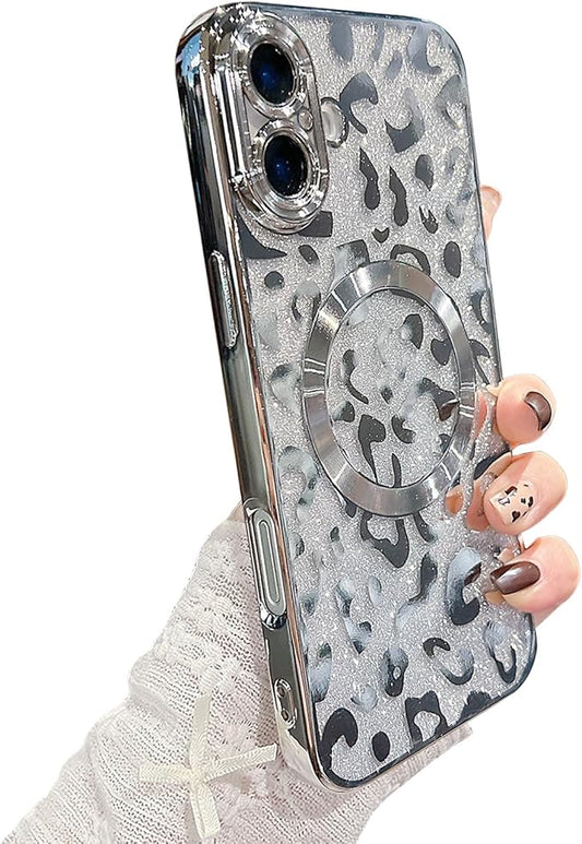for iPhone 16 Case Magnetic,Soft Cute Luxury Leopard Cheetah Pattern Plating Glitter Bling Phone Case Compatible with MagSafe Clear Shockproof Back Cover for Women Girl 6.1"-Silver