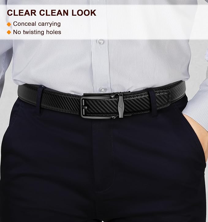 BULLIANT Men Ratchet Belt 2 Pack, Click Sliding Leather Belt Adjustable for Gift Men Dress Casual Jeans 1 3/8,Cut for Fit