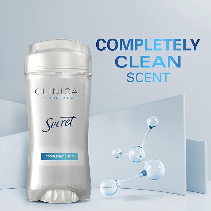 Secret Clinical Strength Antiperspirant Deodorant for Women, 3X Stress Protection, 72hr Sweat & Odor Protection, PH Balancing Minerals, Clear Gel, Completely Clean Scent, 2.6 oz