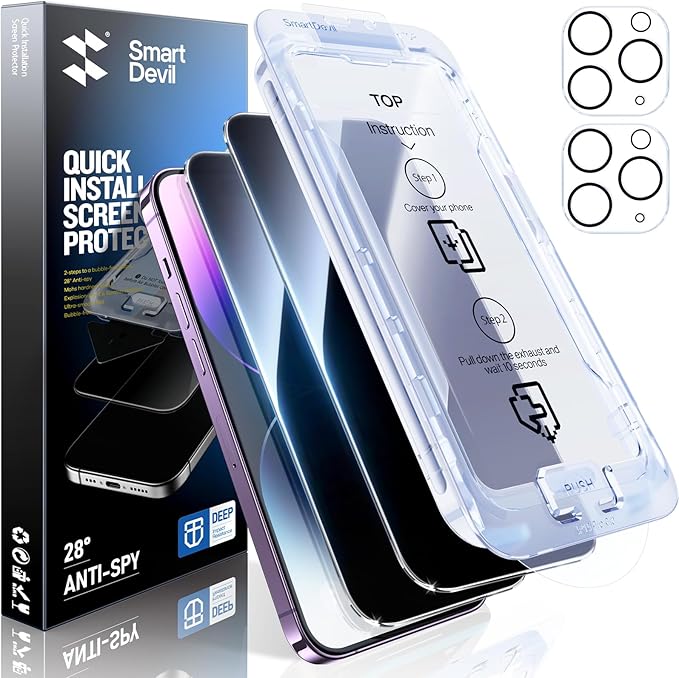 SMARTDEVIL 2+2Pack Privacy Screen Protector for iPhone 14 Pro Max with Camera Lens Protector,Shatterproof Tempered Glass [True 28°Anti Spy][9H Hardness][Auto Dust-Elimination Install][Bubble Free]