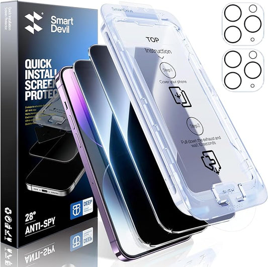 SMARTDEVIL 2+2Pack Privacy Screen Protector for iPhone 14 Pro Max with Camera Lens Protector,Shatterproof Tempered Glass [True 28°Anti Spy][9H Hardness][Auto Dust-Elimination Install][Bubble Free]