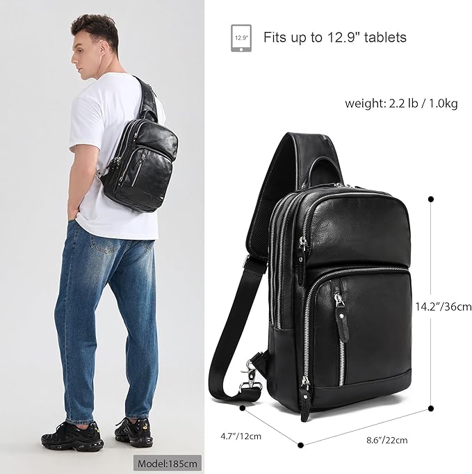 LANNSYNE Full Grain Leather Sling Bag For Men, Crossbody Bag fits 12.9" iPad Crossbody Chest Daypack