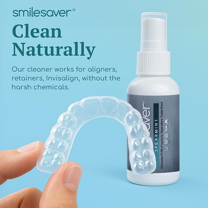 Smilesaver Retainer Cleaner - A Clean Label, Healthy Choice, 30 Sec Spray Cleaner for Retainers, Invisalign, & Dentures. Minty Taste. Portable, Convenient, No Rinsing. Protects Oral Health. (2oz)