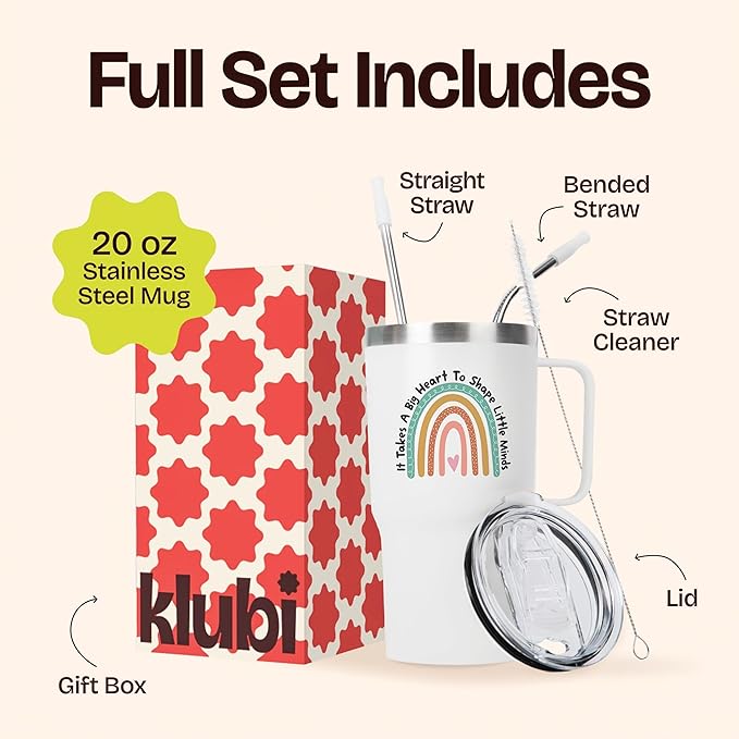 KLUBI It Takes a Big Heart to Shape Little Minds Tumbler With Handle And Straw 20 Ounce Teacher Appreciation Gifts for Women Thank You Gifts for Women Nanny Gift Travel Mug Preschool Teacher Gift