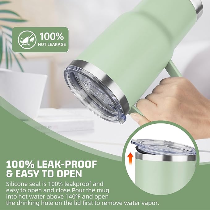 20oz Stainless Steel Insulated Tumbler with Handle, Double Wall Vacuum Insulated Coffee Mug, Leak Proof Travel Mug, Hot & Cold Drink, Green Tea, 1 Pack