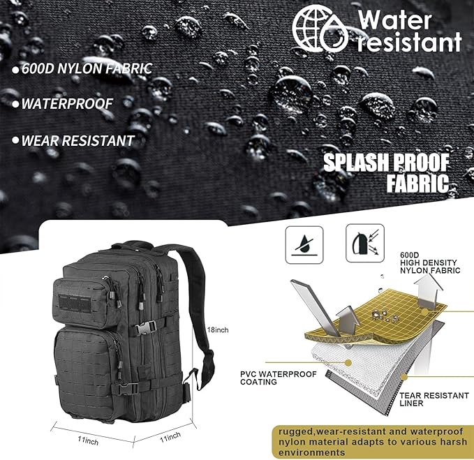 40L Tactical Backpack, Camouflage Military Bug Out Bag, Durable MOLLE Hiking Camping Gear (BLACK)