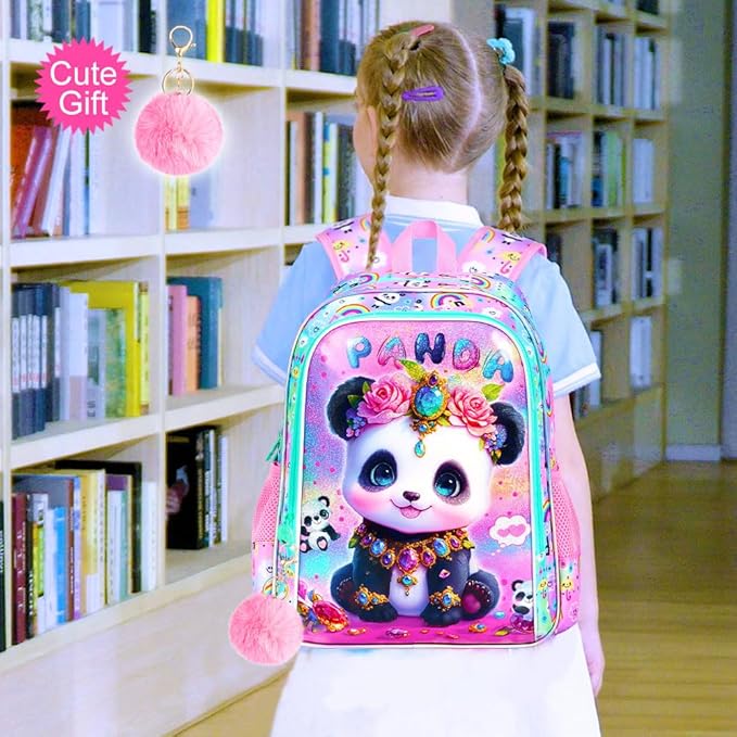 3Pcs Panda Backpack for Girls, 16" Kids School Backpacks with Lunch Box, Bookbag for Elementary Preschool Kindergarten(Pink)