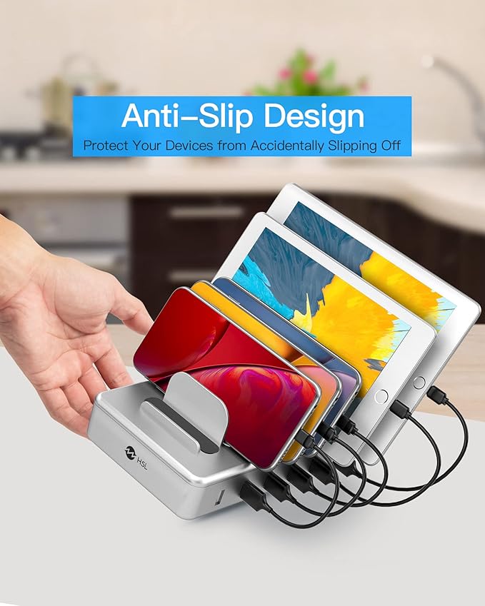 Charging Station for Multiple Devices - 6 Port Fast Charging Station for iPhone iPad Android and Tablet - Multi Charging Stations - Phone Charging Stations with 6 Mixed Cables Included(UL Certified)