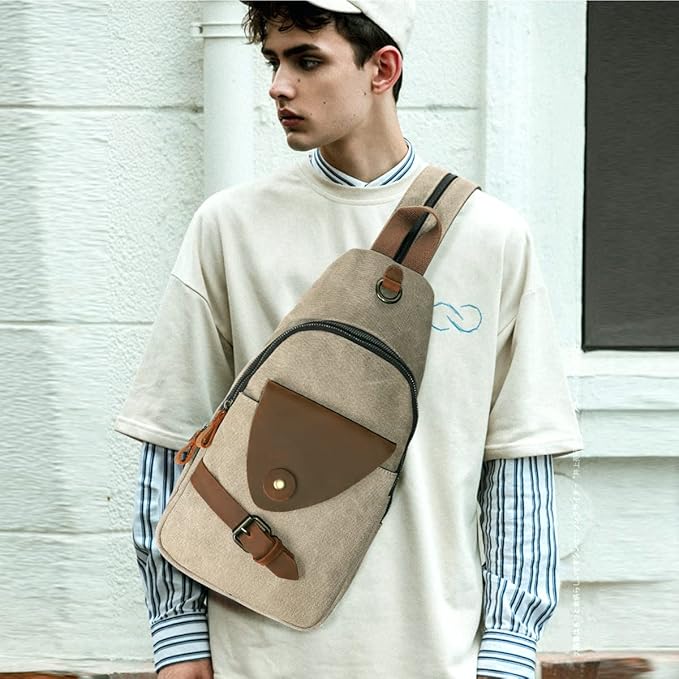 KL928 Canvas Sling Bag Crossbody Backpack Shoulder Casual Rucksack for Men Women,Khaki