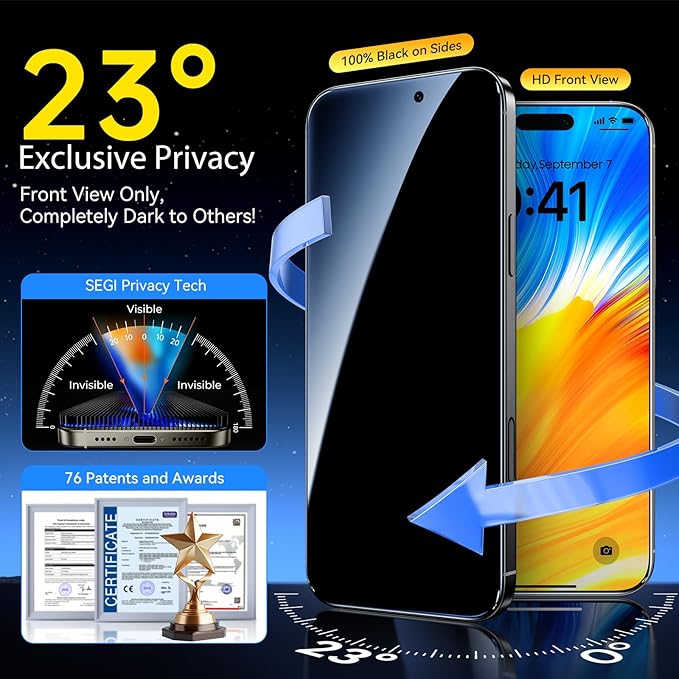 Military-Grade Tempered Glass for iPhone 17 Pro Privacy Screen Protector 2 Pack + Camera Lens Protector 1 Pack [100% Anti Spy] [3S Easy Installation No Bubble] Longest Durable