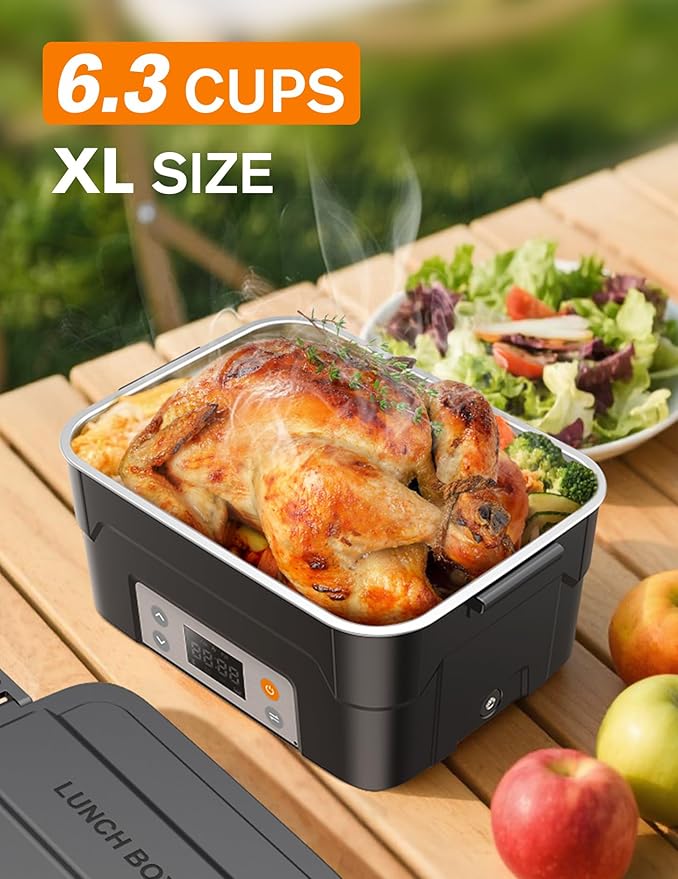 EAST OAK XL 6.3-Cup Cordless Electric Lunch Box for Adults, Heated Lunch Box for Men with Scheduled Heating, Portable Car Food Warmer with Utensils, Two-Tier Bag, Removable Divider
