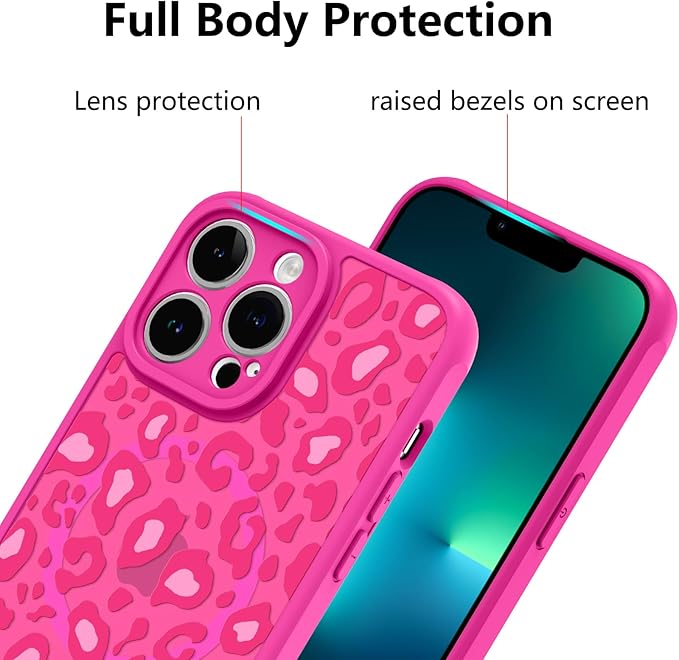 KANGHAR Case for iPhone 13 Pro Max Hot Pink Leopard Printed Pattern Cute Cheetah [Compatible with Magsafe] Protective Magnetic Case for Girls Women 6.7"
