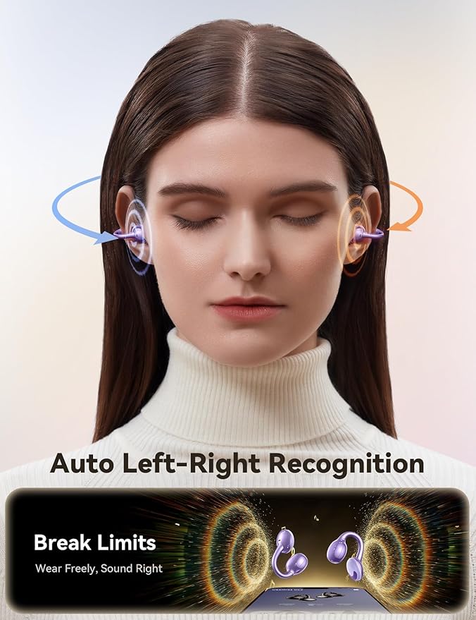 JOYROOM OE3 Clip-On Earbuds, Wireless Open Ear Earbuds Headphones, Auto L-R Recognition, Omni Tap Control, Immersive Sound, Ultra-Light 4.9g Fit,Comfortable ear buds for Workouts and Daily Use, Purple