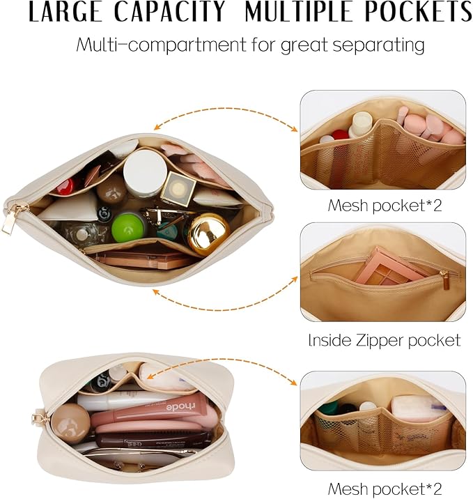 Women Gifts | Initial Makeup Bag Set for Girl Personalized Gifts for Bridesmaid Friend Graduation Teachers PU Leather Cosmetic Travel Toiletry Bag(Beige,M)