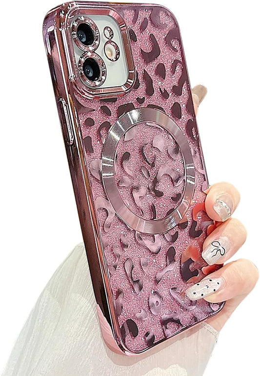 for iPhone 12 Case Magnetic,Soft Cute Luxury Leopard Cheetah Pattern Plating Glitter Bling Phone Case Compatible with MagSafe Clear Shockproof Back Cover for Women Girl 6.1"-Pink