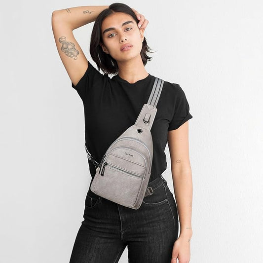 7L Sling Bag For Women Faux Leather Anti Theft Small Casual Daypack Backpack Fanny Pack Crossbody Chest Bags Purse Waterproof Light Grey