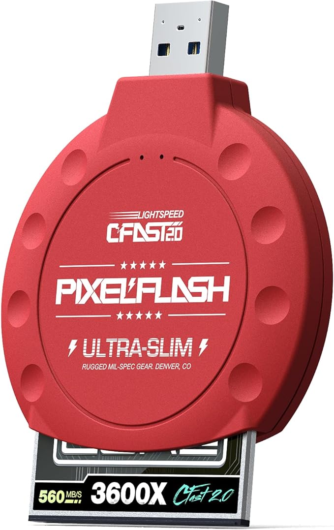 PixelFlash CFast 2.0 Card Reader (Red) - Memory Card Adapter with USB 3.0, 500Mb/s File Transfer, Ultra-Slim & Anti-Slip Rubber Shell, Compatible with Most Brands & OS