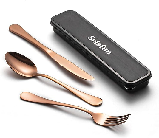 4-pieces Travel Set with Case Portable Silverware Utensils Set for work, Stainless Steel Reusable Flatware Set Cutlery Set for Camping Picnic Hiking Office (8inch, Rose Gold)