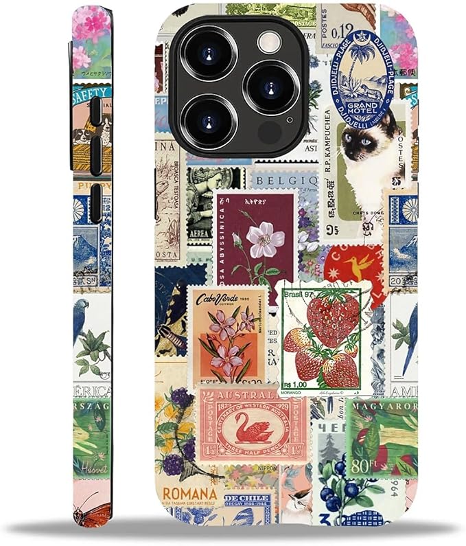 Case for iPhone 13 Pro Max,Vintage Stamp Collage for Woman Men Full Body Protective Cover Shockproof 2 in 1 Silicone + Hard PC Case for iPhone 13 Pro Max
