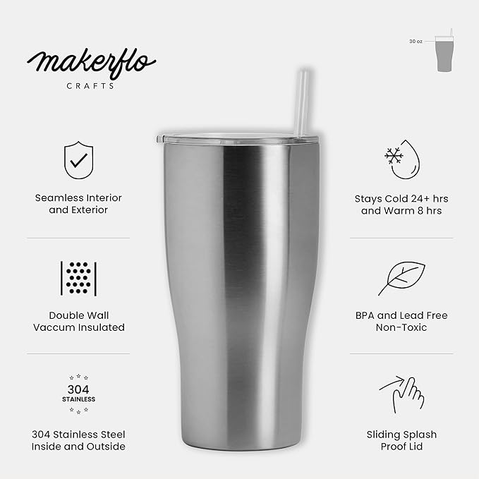 makerflo Silver 30 oz Curve Stainless Steel Tumbler Pack of 25 with Lid & Straw | Craft-Ready for DIY Gifts & Personalization (Epoxy, UV DTF, Vinyl, and Laser Engraving) - Not for Sublimation
