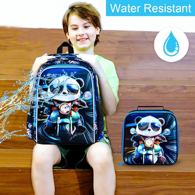 CCJPX 3PCS Backpack for Boys, 16 Inch Kids Panda Water Resistant Preschool Backpacks, Cool Kindergarten School Bookbag Set for Teen Travel