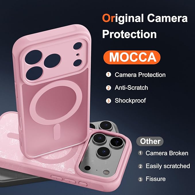 MOCCA Strong Magnetic Compatible with iPhone 17 Pro Max Case [Compatible with Magsafe] [Full Camera Protection] Slim Translucent Matte Shockproof Phone Case Cover 6.9",Pink