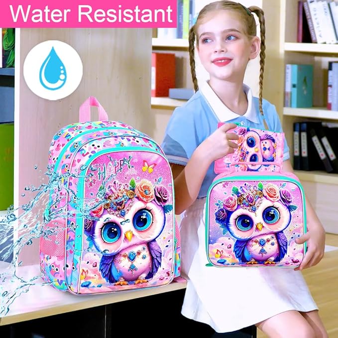 16" Backpack for Girls, 3Pcs Owl Kids Bookbag for Elementary Preschool Kindergarten, School Backpacks with Lunch Box(Pink)