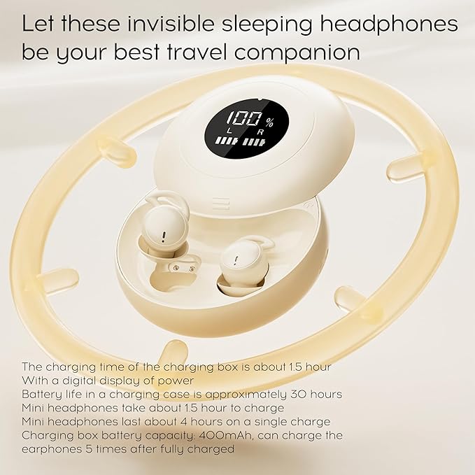 sunvito Sleep Earbuds for Side Sleepers, Mini Invisible Wireless Bluetooth 5.4 Micro Sleep Headphones, Hidden Earbuds with LED Screen for Small Ears Sleeping, Exercise, Working, Hiking (Beige)