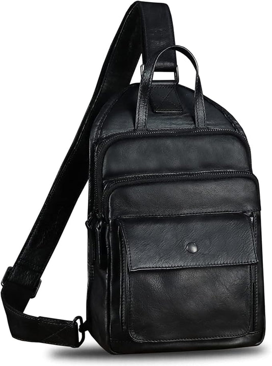 Genuine Leather Sling Bag for Men and Women Vintage Real Leather Fashion Sling Backpack Shoulder Crossbody Chest Purse