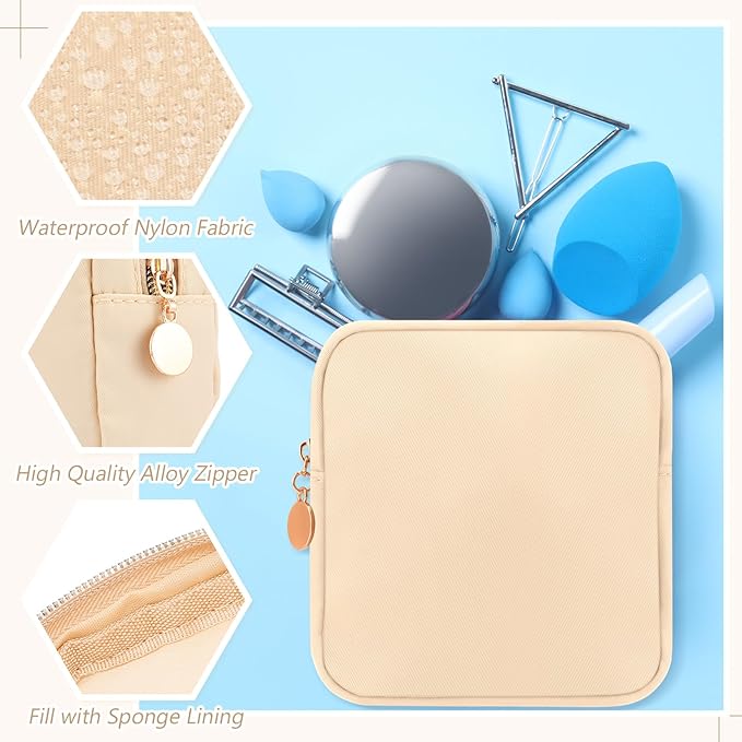 Kacctyen 12 Pcs Mini Makeup Bag Nylon Small Pouch for Purse Mini Square Nylon Pouch with Zipper Small Cosmetic Travel Makeup Bag Purse Organizer for Women(Beige Color,Regular)