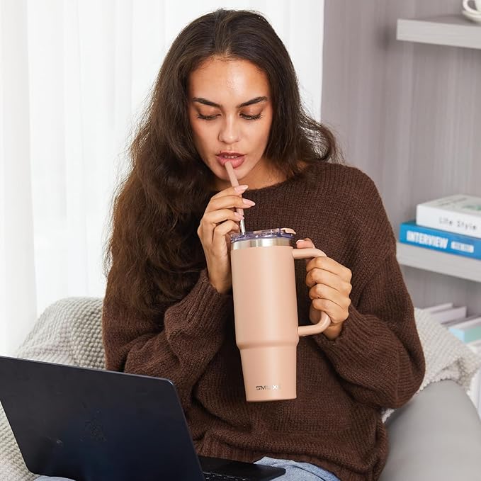 30 oz Tumbler with Handle, Tumbler with Lid and Straw, Double Wall Vacuum Insulated Travel Mug Stainless Steel Tumbler for Hot and Cold, Cupholder Friendly (Mocha)