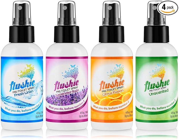 Flushie Pre-Toilet Spray for Poop Travel Size Toiletries Bathroom Spray for Poop Spray for Toilet Deodorizer Traveling Essentials Poop deodorizer Poop Odor eliminator 4oz (Assorted Mix, 4 Pack)