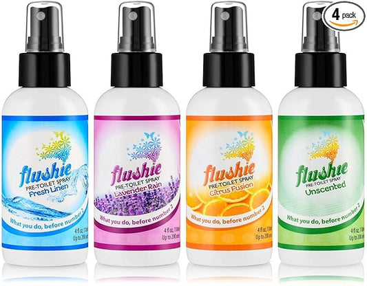 Flushie Pre-Toilet Spray for Poop Travel Size Toiletries Bathroom Spray for Poop Spray for Toilet Deodorizer Traveling Essentials Poop deodorizer Poop Odor eliminator 4oz (Assorted Mix, 4 Pack)
