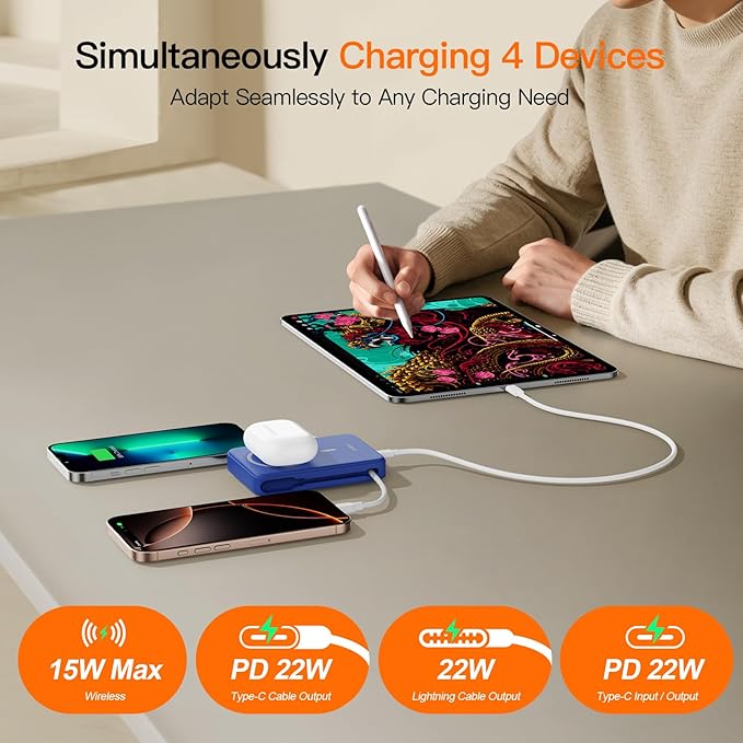2025 Magnetic Battery Pack 16800mAh Mobile Power Bank, Portable Charger with Foldable Stand and Built-in Cable, 20W USB-C Fast Charging, Suitable for iPhone 17/16/15/14/13/12 Series